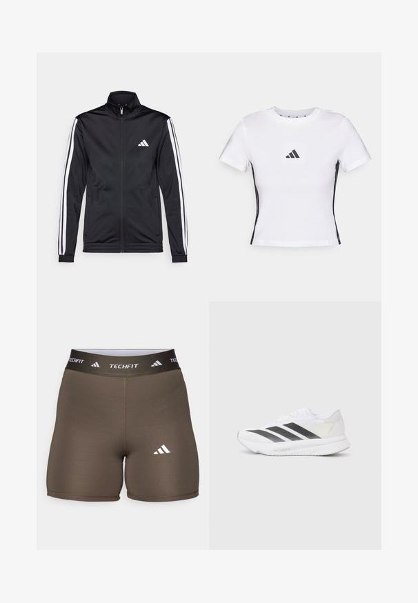 Veste de sport noire avec un col montant, fermeture éclair sur le devant et rayures blanches sur les bras. Elle présente un logo brodé blanc sur la poitrine.; T-shirt blanc à manches courtes en coton, avec un logo Adidas noir dans un patch carré et des accents latéraux noirs. Col rond classique.; adidas Performance Leggings - shadow olive; Chaussure de sport blanche avec des rayures noires en diagonale, tige en maille, bout arrondi et semelle texturée. Les accents comprennent un talon argenté et un design minimaliste.