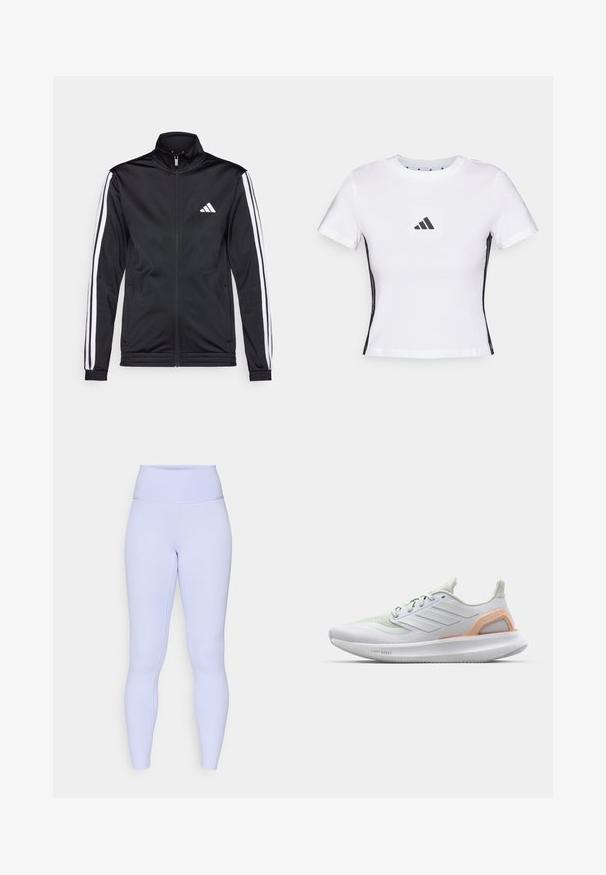 Black athletic jacket with a high collar, front zipper, and white accent stripes along the arms. Features an embroidered white logo on the chest.; White short-sleeve t-shirt made from cotton, featuring a black Adidas logo in a square patch and black side accents. Classic crew neckline.; Light purple leggings with a high waistband. Made from stretchy material, featuring a smooth texture and form-fitting design.; White athletic shoe with light green accents, mesh upper, rubber sole, and textured detailing. Features "LIGHT BOOST" branding on the side.