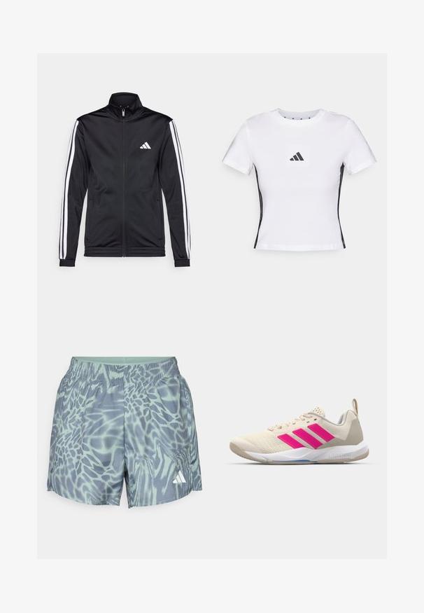 Čierna športová bunda s vysokým golierom, predným zipsom a bielymi akcentmi pozdĺž rukávov. Obsahuje vyšívané biele logo na hrudi.; Biely krátky rukáv tričko vyrobené z bavlny, s čiernym logom Adidas v štvorcovej nášivke a čiernymi bočnými akcentmi. Klasický výstrih do okrúhla.; Nohavice na šport s vzorom v svetlosivých a modrých tónoch. Elastický pás a bočné vrecká. Na spodnej pravej strane sa nachádza logo Adidas.; Béžová atletická obuv s ružovým logom trojpruhov, textúrovaný sieťový zvršok, polstrovaný golier a biela gumová podrážka s označením "LIGHTSTRIKE".