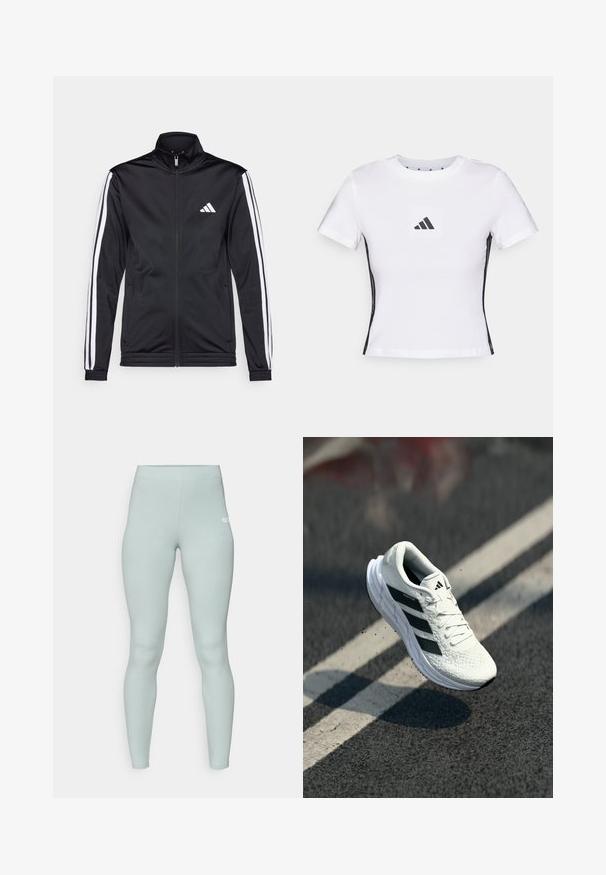 Casaco atlético preto com gola alta, fecho frontal e riscas brancas ao longo das mangas. Apresenta um logótipo branco bordado no peito.; T-shirt branca de manga curta feita em algodão, com um logótipo preto da Adidas em um retângulo e detalhes laterais pretos. Decote redondo clássico.; Leggings verde menta claros feitos de um material macio e elástico. Apresentam uma cintura elástica e um pequeno logo branco na lateral.; Sapatilha de corrida branca com parte superior texturizada, design de três riscas pretas, colarinho almofadado e sola leve, posicionada no ar sobre uma superfície de estrada.