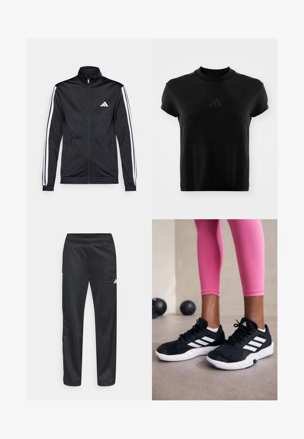 Černá sportovní bunda s vysokým límcem, předním zipem a bílými akcentovacími pruhy na rukávech. Obsahuje vyšitý bílý logo na prsou.; Černé tričko s krátkým rukávem vyrobené z hladké tkaniny. Má kulatý výstřih a vystouplé logo Adidas na přední straně.; Černé sportovní kalhoty z hladké látky s elastickým pasem, s bílými pruhy po stranách a malým logem na spodní levé noze.; Černé sportovní boty s bílými pruhy, texturovaný síťovinový svršek a bílá podrážka. Nosené s růžovými legínami, které předvádějí tréninkové oblečení.