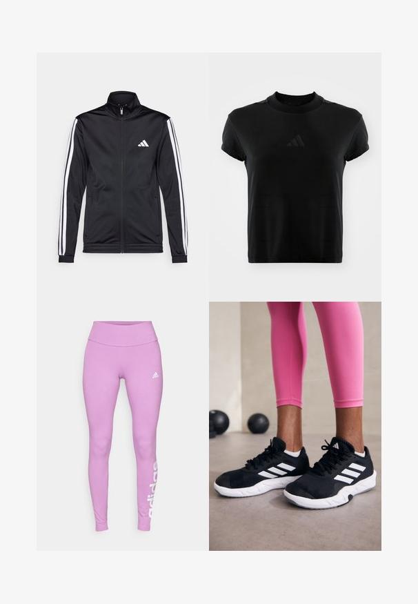 Casaco atlético preto com gola alta, fecho frontal e riscas brancas ao longo das mangas. Apresenta um logótipo branco bordado no peito.; T-shirt preta de manga curta feita de tecido liso. Apresenta um decote redondo e um logótipo da Adidas em relevo na parte da frente.; adidas Sportswear Leggings - preloved purple; Sapatos de treino pretos com riscas brancas, parte superior em malha texturizada e sola branca. Usados com leggings cor-de-rosa, destacando roupa de treino.