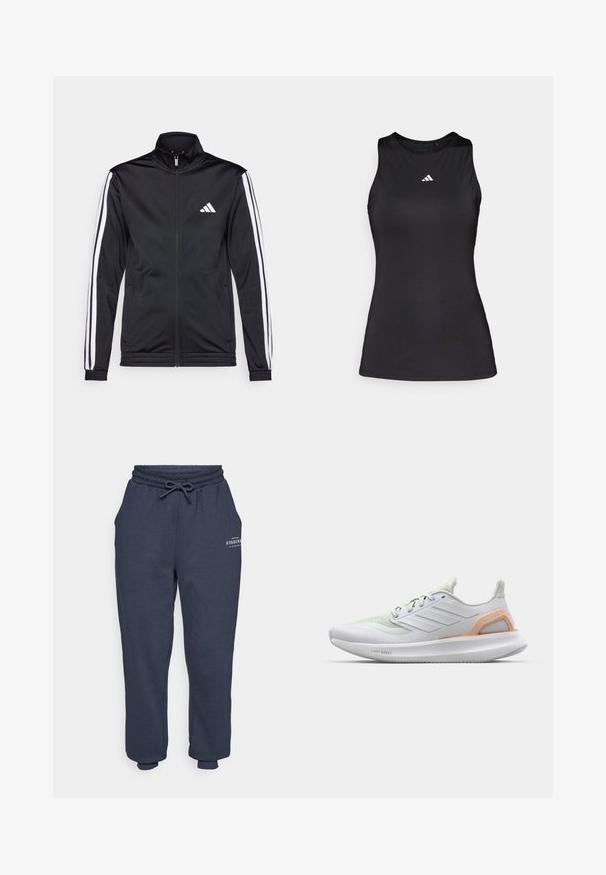 Juoda sportinė striukė su aukštu apykakle, priekiniais užtrauktukais ir baltais akcentiniais dryžiais ant rankovių. Ant krūtinės yra išsiuvinėta balta logo.; Juodas be rankovių sportinis marškinėlis, pagamintas iš lygaus audinio. Savybės: apvalus iškirpimas ir mažas baltas Adidas logotipas ant krūtinės.; Tamsiai mėlynos sportinės kelnės su elastingu juosmeniu ir reguliuojama raišteliu. Turi šonines kišenes ir minimalistinį atspausdintą logotipą priekyje.; Balti sportiniai batai su šviesiai žaliais akcentais, tinklinis viršus, guminis padas ir tekstūruota detalizacija. Ant šono yra "LIGHT BOOST" ženklas.