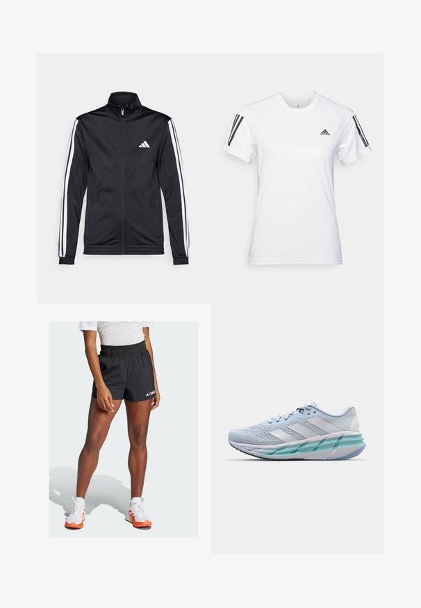 Zwarte sportjack met een hoge kraag, voorrits en witte accentstrepen langs de armen. Bevat een geborduurd wit logo op de borst.; Witte sportieve t-shirt gemaakt van glad, lichtgewicht materiaal. Heeft zwarte drie-streep-accenten op de schouders en een klein zwart logo op de borst.; Zwarte sportshorts met een brede tailleband, waarop de tekst "TERREX" en een Adidas-logo is weergegeven. Gecombineerd met witte schoenen met oranje accenten.; Lichtblauwe sportschoenen met een gestructureerde breitbovenkant, witte accenten en een doorzichtige groene tussenzool. Ronde neus en gevoerde kraag.
