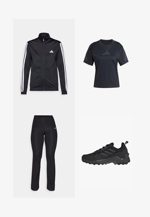 Black athletic jacket with a high collar, front zipper, and white accent stripes along the arms. Features an embroidered white logo on the chest.; Black athletic shirt with short sleeves, rounded neckline, and a smooth texture. Features a tone-on-tone logo on the front and sides.; Black athletic pants with a fitted design, elastic waistband, and subtle sheen. Features a small white logo on the left hip.; Black athletic shoe featuring a mesh upper, three-stripe design, molded heel, and rugged outsole with prominent traction lugs.