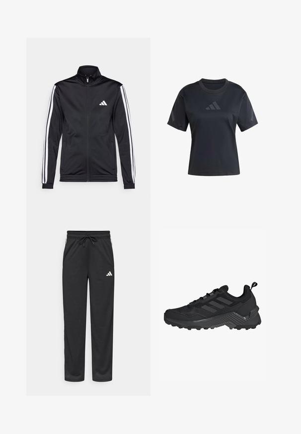 Giacca sportiva nera con colletto alto, zip frontale e righe bianche lungo le maniche. Presenta un logo bianco ricamato sul petto.; Maglietta sportiva nera con maniche corte, collo arrotondato e una texture liscia. Presenta un logo tono su tono nella parte anteriore e ai lati.; Pantaloni sportivi neri in mesh con cintura elasticizzata, coulisse e logo bianco sul lato sinistro. Presentano tasche laterali e un taglio a gamba dritta.; Scarpa da atletica nera con tomaia in mesh, design a tre strisce, tallone sagomato e suola robusta con tasselli di trazione prominenti.