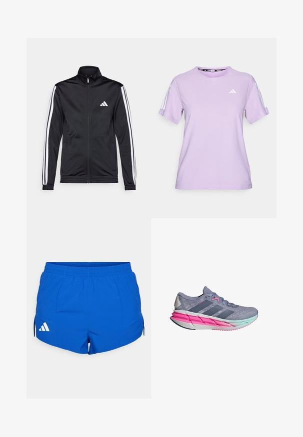 Casaco atlético preto com gola alta, fecho frontal e riscas brancas ao longo das mangas. Apresenta um logótipo branco bordado no peito.; Camiseta atlética lilás de manga curta, feita de um tecido respirável, com decote redondo, superfície texturizada e três riscas brancas nos ombros.; Bermudas atléticas azuis com um cós elástico, apresentando o logotipo branco da Adidas no lado esquerdo e fendas laterais para maior mobilidade.; Shoe atlético cinza com um cabedal de malha respirável, detalhes em rosa e uma entressola leve com um design em gradiente em tons de azul e verde.