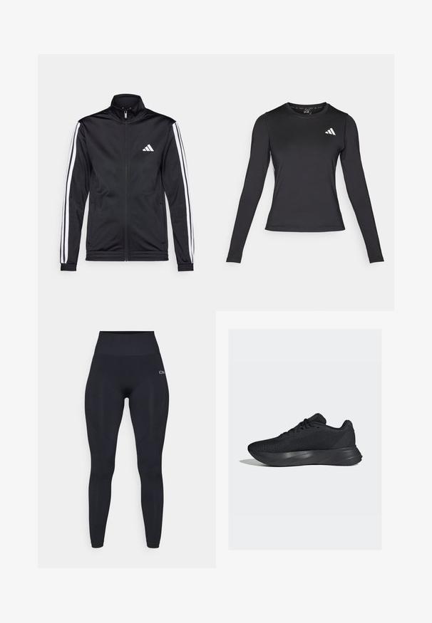 Schwarze Sportjacke mit hohem Kragen, Frontreißverschluss und weißen Akzentstreifen an den Armen. Besitzt ein gesticktes weißes Logo auf der Brust.; Schwarzes, langärmeliges Sportshirt aus glattem, elastischem Material. Mit weißem Logo auf der Brust. Enganliegendes Design mit rundem Ausschnitt.; Hochtaillierte schwarze Leggings aus einem glatten, dehnbaren Stoff. Mit einem Logo am Oberschenkel und strukturierten Akzenten an den Seiten.; Schwarze Sportschuhe mit einem Obermaterial aus Mesh, strukturierter Oberfläche und einer geformten Zwischensohle für Unterstützung. Verfügt über traditionelle Schnürung und eine gepolsterte Ferse.