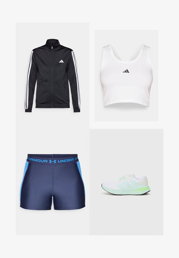 Svart treningsjakke med høy krage, frontglidelås og hvite stripe aksenter langs armene. Har et brodert hvitt logo på brystet.; Hvitt crop top laget av mykt stoff, med rund hals og en svart Adidas-logo på forsiden. Glatt tekstur, ermeløs design.; Mørkeblå idrettsshorts med lyseblå sidepaneler. Har en elastisk linning med Under Armour-logo. Glatt, elastisk stoff.; Hvit treningstype sko med mesh-overdel, limegrønne detaljer og svart såle. Har tre striper-design på siden og polstret krage.