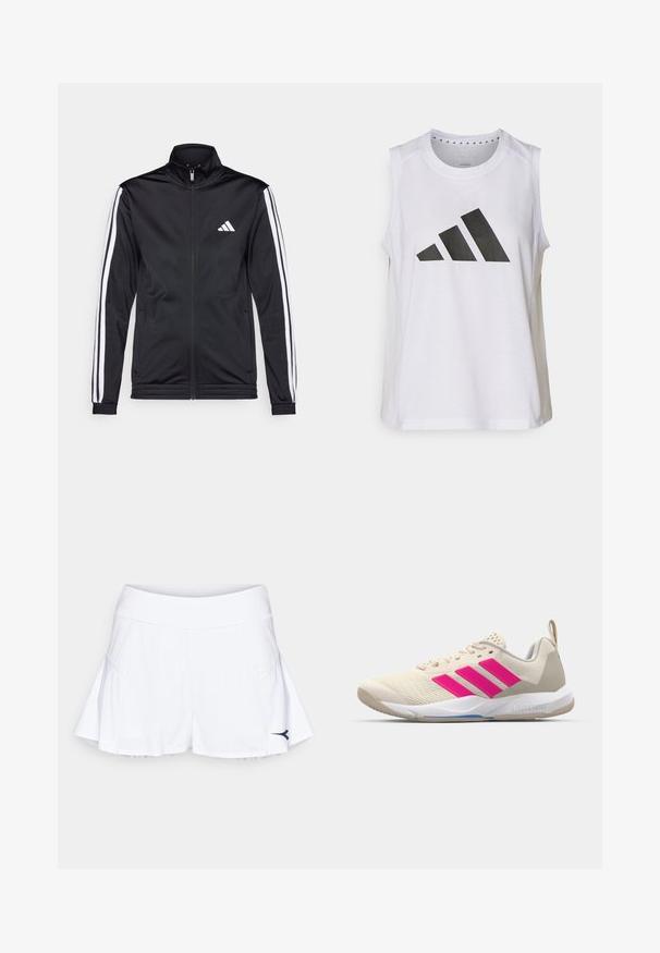 Schwarze Sportjacke mit hohem Kragen, Frontreißverschluss und weißen Akzentstreifen an den Armen. Besitzt ein gesticktes weißes Logo auf der Brust.; Weißes ärmelloses Sportoberteil mit rundem Halsausschnitt, das auf der Vorderseite ein großes schwarzes Adidas-Logo aus drei Streifen aufweist.; Weiße sportliche Shorts mit einem ausgestellten Design, ausgestattet mit einem strukturierten Stoff und einem breiten Bund. Ein navyfarbenes Logo zieht sich über den unteren Saum.; Beige Sportsschuh mit pinkem Dreistreifen-Logo, strukturiertem Mesh-Obermaterial, gepolstertem Schaft und weißer Gummisohle, mit "LIGHTSTRIKE"-Branding.