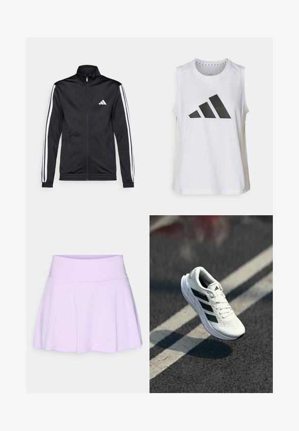 Mustmust mustrendiga jakki, millel on kõrge krae, eesnepp ja valged aktsenttriibud käte ääres. Selles on tikandina valge logo rinnal.; Valge ilma varrukateta sporditop, ümarate kaelustega, mille ees on suur must Adidas'i logo, mis koosneb kolmest triibust.; Hele lilla tennisese, millel on lai, sile vöökoht ja tekstureeritud, hingav kangas. Omab laiendatud disaini ja lainelist ääret.; Valge jooksujalats tekstuuriga ülemise osa, must kolme triibu kujundus, pehme krae ja kerge talla, paigutatud õhku üle teepinna.