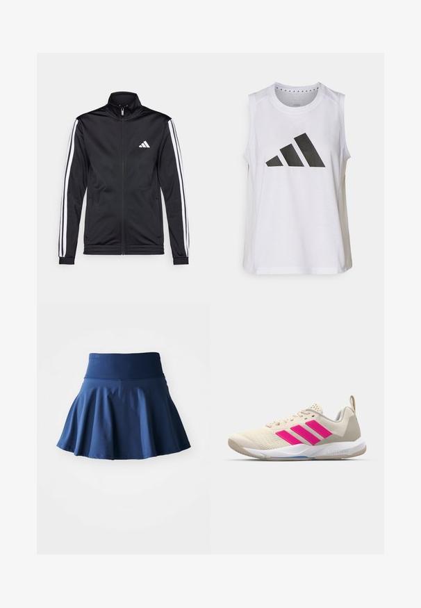 Casaco atlético preto com gola alta, fecho frontal e riscas brancas ao longo das mangas. Apresenta um logótipo branco bordado no peito.; Top atlético branco sem mangas com decote redondo, apresentando um grande logótipo preto da Adidas composto por três riscas na frente.; Saia azul-marinho com corte evasé, feita de um tecido suave e elástico. Apresenta uma cintura larga e lisa, além de um design plissado para maior movimentação.; Sapata atlética bege com logotipo de três riscas cor-de-rosa, parte superior em malha texturizada, colarinho acolchoado e sola de borracha branca, apresentando a marca "LIGHTSTRIKE".