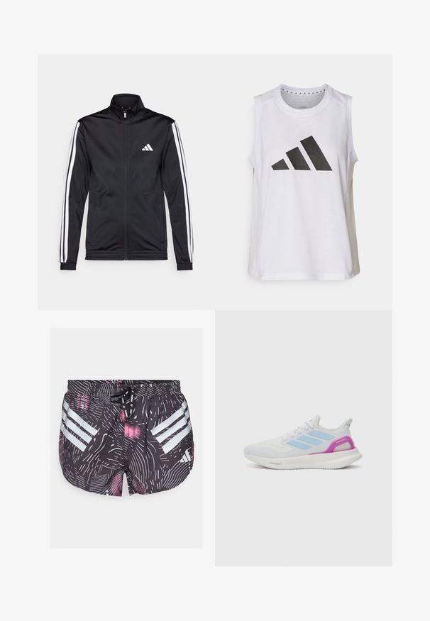 Crna atletska jakna s visokim ovratnikom, prednjim patentnim zatvaračem i bijelim akcentskim prugama duž ruku. Sadrži izvezeni bijeli logo na prsima.; Bijela bezrukava sportska majica s okruglim izrezom, na prednjoj strani ima veliki crni Adidas logo sastavljen od tri pruge.; adidas Performance SHORT - Sportske kratke hlače - black; adidas Performance PUREBOOST 5 - Tenisice za cestovno trčanje - white/glow blue/purple burst