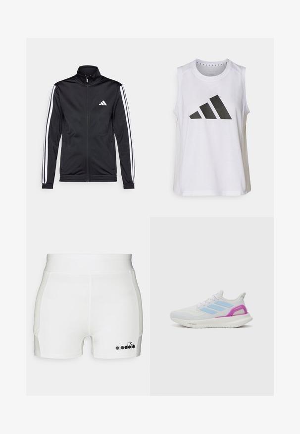 Black athletic jacket with a high collar, front zipper, and white accent stripes along the arms. Features an embroidered white logo on the chest.; White sleeveless athletic top with round neckline, featuring a large black Adidas logo composed of three stripes on the front.; White athletic shorts with a fitted design, made from smooth fabric, featuring black logo detail on the lower left side.; adidas Performance PUREBOOST 5 - Road running shoes - white/glow blue/purple burst