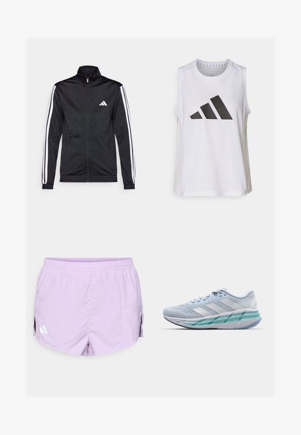 Schwarze Sportjacke mit hohem Kragen, Frontreißverschluss und weißen Akzentstreifen an den Armen. Besitzt ein gesticktes weißes Logo auf der Brust.; Weißes ärmelloses Sportoberteil mit rundem Halsausschnitt, das auf der Vorderseite ein großes schwarzes Adidas-Logo aus drei Streifen aufweist.; Fliederviolette Sportshorts mit elastischem Bund, seitlichen Schlitzen und weißen Markenakzenten auf der linken Seite. Glatter, leichter Stoff.; Helle blaue Sportschuhe mit einem strukturierten Strickobermaterial, weißen Akzenten und einer transparenten grünen Zwischensohle. Abgerundete Zehenpartie und gepolsterter Schaft.