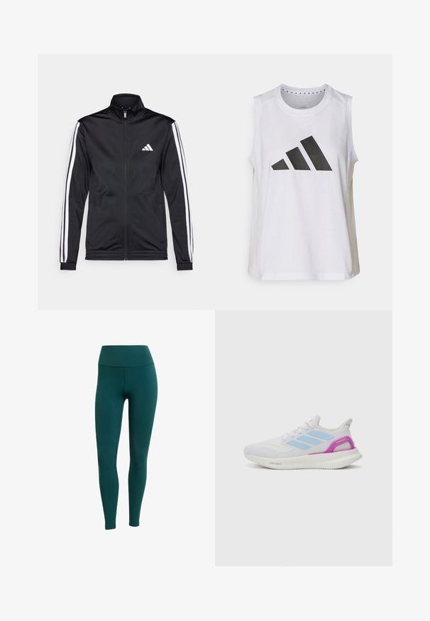 Schwarze Sportjacke mit hohem Kragen, Frontreißverschluss und weißen Akzentstreifen an den Armen. Besitzt ein gesticktes weißes Logo auf der Brust.; Weißes ärmelloses Sportoberteil mit rundem Halsausschnitt, das auf der Vorderseite ein großes schwarzes Adidas-Logo aus drei Streifen aufweist.; Türkise Leggings mit hoher Taille, aus dehnbarem Material, mit glatter Textur und enganliegendem Schnitt, ideal für aktive Freizeit.; adidas Performance PUREBOOST 5 - Laufschuh Straße - white/glow blue/purple burst