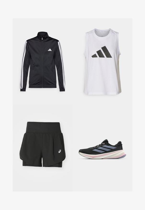 Fekete sportdzseki magas gallérral, elülső cipzárral és fehér díszcsíkokkal a karokon. Hímzett fehér logó található a mellkason.; Fehér ujjatlan sportpóló kerek nyakkivágással, amelyen elöl egy nagy fekete Adidas-logo található, amely három csíkból áll.; Fekete sportos rövidnadrág, lélegző hálós felső résszel, sima textúrájú belső rövidnadrággal, és fehér logóval a bal oldalon.; Fekete futócipő hálós felsőrésszel, világoslila részletekkel és három vízszintes szürke csíkkal. Jellemzője a párnázott talp a kényelem érdekében.