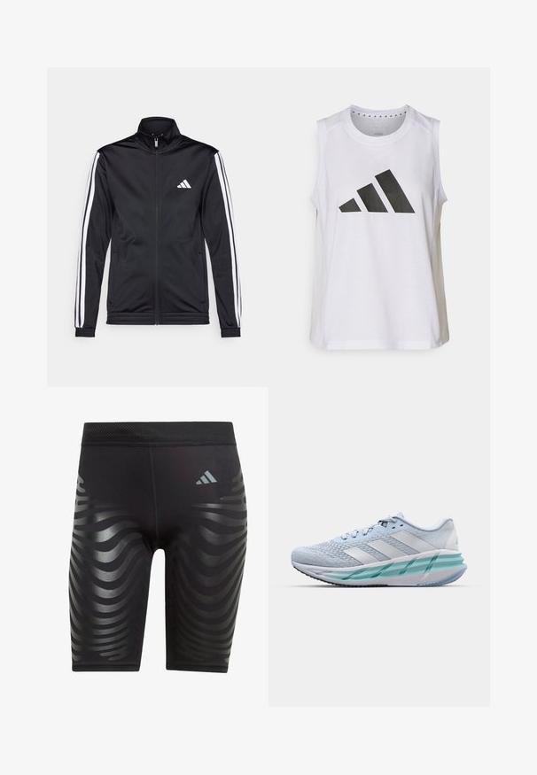 Black athletic jacket with a high collar, front zipper, and white accent stripes along the arms. Features an embroidered white logo on the chest.; White sleeveless athletic top with round neckline, featuring a large black Adidas logo composed of three stripes on the front.; Black athletic shorts with a textured wave pattern in a darker shade of black, featuring a solid waistband and a small logo on the side.; Light blue athletic shoes with a textured knit upper, white accents, and a transparent green midsole. Rounded toe and padded collar.