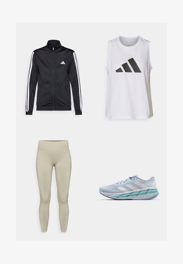 Schwarze Sportjacke mit hohem Kragen, Frontreißverschluss und weißen Akzentstreifen an den Armen. Besitzt ein gesticktes weißes Logo auf der Brust.; Weißes ärmelloses Sportoberteil mit rundem Halsausschnitt, das auf der Vorderseite ein großes schwarzes Adidas-Logo aus drei Streifen aufweist.; Helle beigefarbene Leggings mit einer glatten, dehnbaren Textur, hoher Taille und enger Passform, die ein minimales Branding am Bund aufweisen.; Helle blaue Sportschuhe mit einem strukturierten Strickobermaterial, weißen Akzenten und einer transparenten grünen Zwischensohle. Abgerundete Zehenpartie und gepolsterter Schaft.