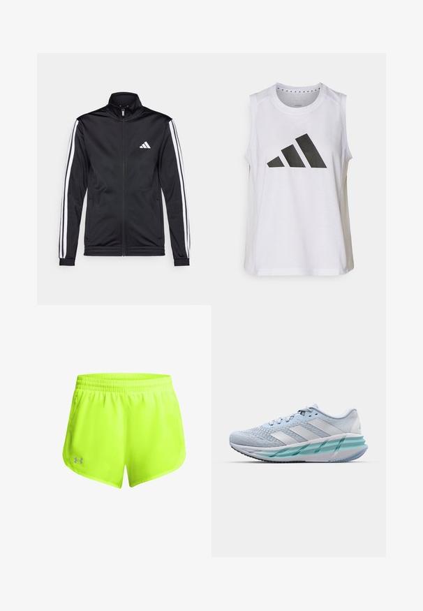 Chaqueta deportiva negra con cuello alto, cremallera frontal y franjas de acento blancas a lo largo de las mangas. Presenta un logo blanco bordado en el pecho.; Top atlético blanco sin mangas con escote redondo, que presenta un gran logo de Adidas en negro compuesto por tres franjas en la parte frontal.; Pantalones cortos deportivos de color amarillo neón con cinturilla elástica, tejido ligero y bolsillos laterales. Presenta un pequeño logo gris en el dobladillo inferior.; Zapatillas deportivas azul claro con un upper de punto texturizado, acentos blancos y una suela intermedia verde transparente. Punta redondeada y cuello acolchado.