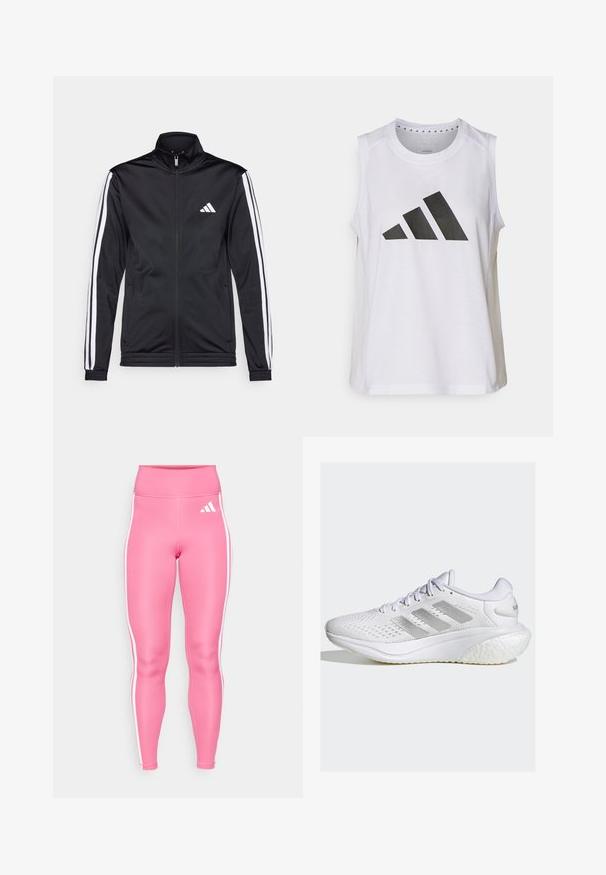 Zwarte sportjack met een hoge kraag, voorrits en witte accentstrepen langs de armen. Bevat een geborduurd wit logo op de borst.; Witte sporttop zonder mouwen met ronde halslijn, voorzien van een groot zwart Adidas-logo bestaande uit drie strepen op de voorkant.; Roze leggings met een hoge tailleband, gemaakt van rekbaar materiaal, met witte zijstrepen en een wit logo op de bovenbenen.; Witte sportieve schoen met een gemêleerd mesh bovenwerk, zilveren drie-strepen ontwerp, gevoerde zool en ronde hak. Beschikt over een vetersluiting en een gevoerde tong.