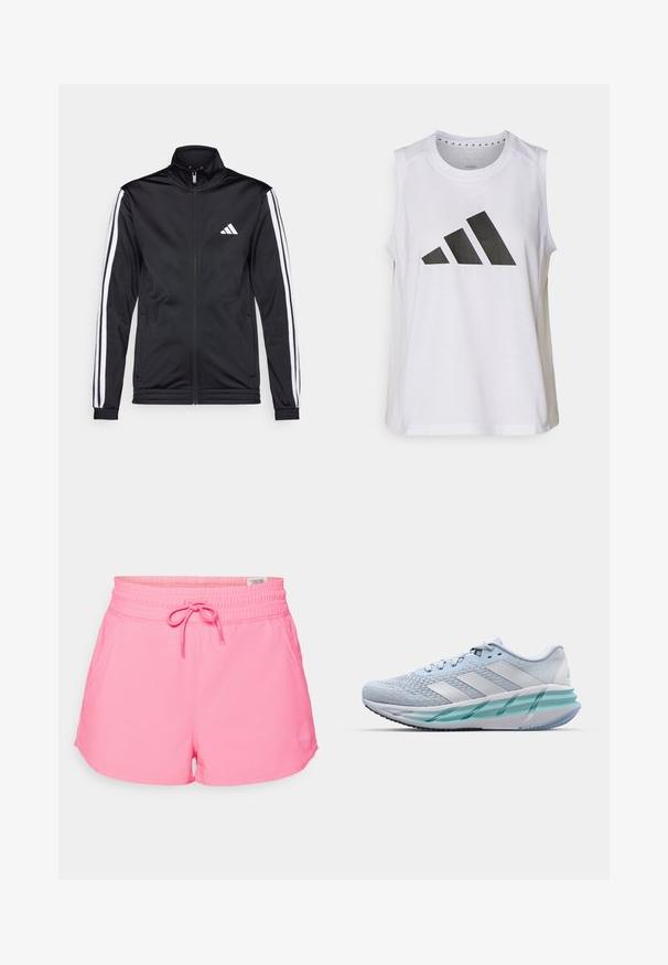 Černá sportovní bunda s vysokým límcem, předním zipem a bílými akcentovacími pruhy na rukávech. Obsahuje vyšitý bílý logo na prsou.; Bílý sportovní top bez rukávů s kulatým výstřihem, na přední straně s velkým černým logem Adidas složeným ze tří pruhů.; Růžové sportovní šortky s elastickým pasem a nastavitelnou šňůrkou. Vyznačují se hladkým materiálem a malým logem na boku.; Světlomodré sportovní boty s texturovaným pleteným svrškem, bílými akcenty a průhledným zeleným mezipodešví. Oválná špička a polstrovaný límec.