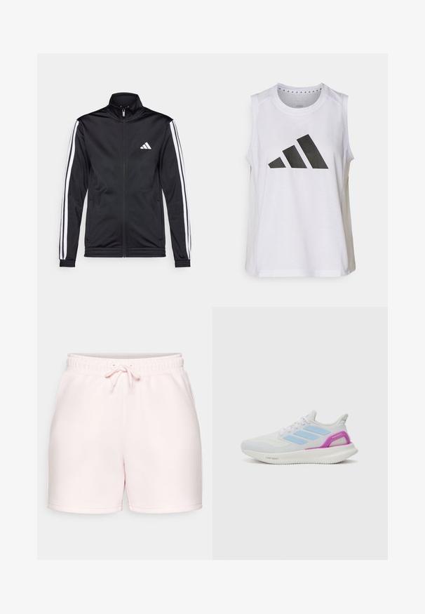 Jachetă sport neagră cu guler înalt, fermoar frontal și dungi albe pe umeri. Prezintă un logo alb brodat pe piept.; Top athletic alb fără mâneci, cu decolteu rotund, având un mare logo Adidas negru, format din trei benzi, pe față.; Șorturi din bumbac roz deschis, cu talie elastică și șnur reglabil. Prezintă un design simplu și tiv drept la picioare.; adidas Performance PUREBOOST 5 - Pantofi de alergare pe asfalt - white/glow blue/purple burst