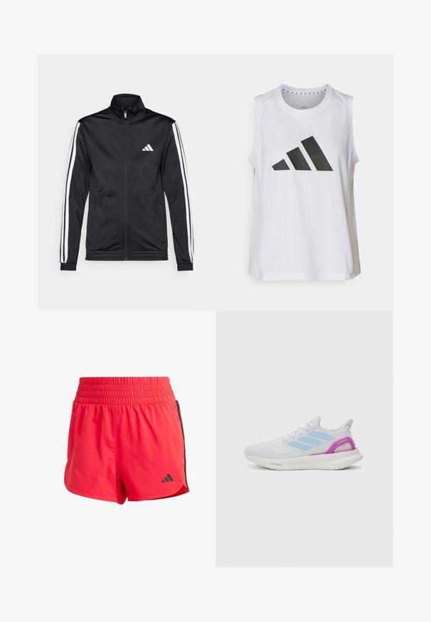 Black athletic jacket with a high collar, front zipper, and white accent stripes along the arms. Features an embroidered white logo on the chest.; White sleeveless athletic top with round neckline, featuring a large black Adidas logo composed of three stripes on the front.; Red athletic shorts made of lightweight fabric, featuring an elastic waistband, black side accents, and a small logo on the lower left.; adidas Performance PUREBOOST 5 - Road running shoes - white/glow blue/purple burst