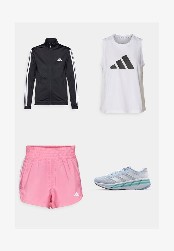 Chaqueta deportiva negra con cuello alto, cremallera frontal y franjas de acento blancas a lo largo de las mangas. Presenta un logo blanco bordado en el pecho.; Top atlético blanco sin mangas con escote redondo, que presenta un gran logo de Adidas en negro compuesto por tres franjas en la parte frontal.; Shorts deportivos rosas con una cinturilla elástica, que presentan detalles laterales blancos y un pequeño logotipo blanco en la esquina inferior derecha.; Zapatillas deportivas azul claro con un upper de punto texturizado, acentos blancos y una suela intermedia verde transparente. Punta redondeada y cuello acolchado.