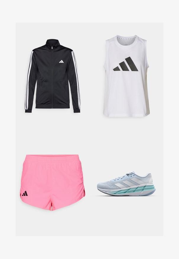 Zwarte sportjack met een hoge kraag, voorrits en witte accentstrepen langs de armen. Bevat een geborduurd wit logo op de borst.; Witte sporttop zonder mouwen met ronde halslijn, voorzien van een groot zwart Adidas-logo bestaande uit drie strepen op de voorkant.; Lichtroze sportshorts met een zwart Adidas-logo aan de linkerkant, voorzien van een elastische tailleband en zijsplitten voor extra flexibiliteit.; Lichtblauwe sportschoenen met een gestructureerde breitbovenkant, witte accenten en een doorzichtige groene tussenzool. Ronde neus en gevoerde kraag.