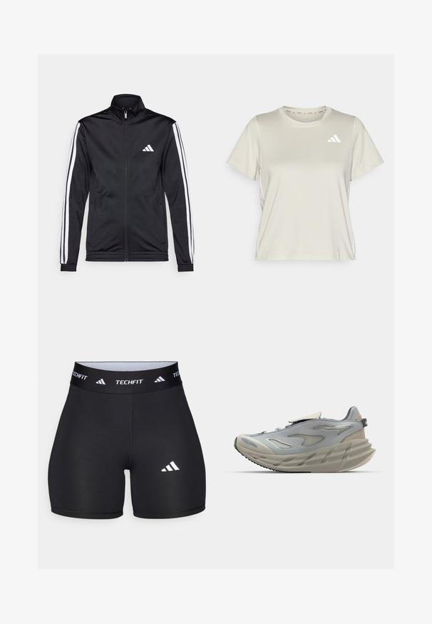 Sort atletisk jakke med høj krave, for-zip og hvide accentstriber langs armene. Har et broderet hvidt logo på brystet.; adidas Performance TRAIN ESSENTIALS 3STRIPES WORKOUT - Sports T-shirts - alumina/white; Sorte shorts lavet af strækbart stof med en tætsiddende design. Har en bred sort elastik med påskriften "TECHFIT" og et hvidt logo på benet.; Grå atletiksko med et strømlinet design, der har en tekstureret overdel, synlig snøring, en polstret mellemsål og en formet ydersål.