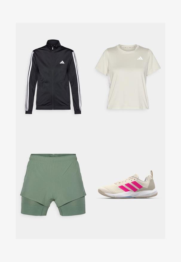 Fekete sportdzseki magas gallérral, elülső cipzárral és fehér díszcsíkokkal a karokon. Hímzett fehér logó található a mellkason.; adidas Performance TRAIN ESSENTIALS 3STRIPES WORKOUT - Sportfelső - alumina/white; Világoszöld sportnadrág, kettős rétegből készült; a felső réteg perforált, míg az alsó réteg bordázott textúrával rendelkezik.; Beige sportcipő rózsaszín háromsávos logóval, texturált hálós felső résszel, párnázott nyakkal és fehér gumitalppal, "LIGHTSTRIKE" márkajelzéssel.