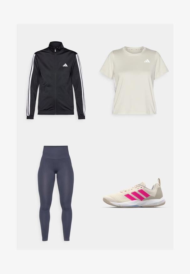 Fekete sportdzseki magas gallérral, elülső cipzárral és fehér díszcsíkokkal a karokon. Hímzett fehér logó található a mellkason.; adidas Performance TRAIN ESSENTIALS 3STRIPES WORKOUT - Sportfelső - alumina/white; Magas derekú leggings sötétszürke színben, bordázott textúrával. Szoros illeszkedésre tervezték, zökkenőmentes kivitelezéssel és sima derékpánttal.; Beige sportcipő rózsaszín háromsávos logóval, texturált hálós felső résszel, párnázott nyakkal és fehér gumitalppal, "LIGHTSTRIKE" márkajelzéssel.