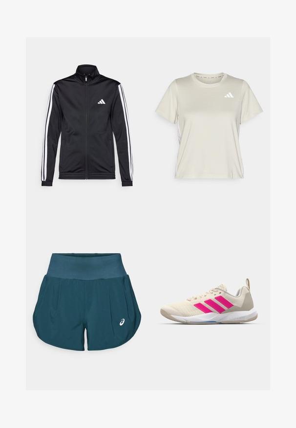 Musta urheilutakki, jossa on korkea kaulus, etuvetoketju ja valkoiset sivuviivat hihoissa. Takissa on brodeerattu valkoinen logo rinnassa.; adidas Performance TRAIN ESSENTIALS 3STRIPES WORKOUT - Tekninen t-paita - alumina/white; ASICS ROAD SHORT - Urheilushortsit - saxon green; Beige urheilujalkine, jossa on vaaleanpunainen kolmonen-striippi-logo, teksturoitu verkko-yläosa, pehmustettu kaulus ja valkoinen kumipohja, jossa on "LIGHTSTRIKE" -brändäys.