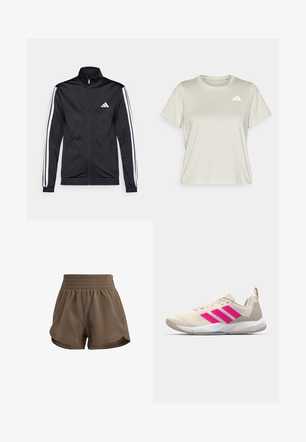 Čierna športová bunda s vysokým golierom, predným zipsom a bielymi akcentmi pozdĺž rukávov. Obsahuje vyšívané biele logo na hrudi.; adidas Performance TRAIN ESSENTIALS 3STRIPES WORKOUT - Športové tričko - alumina/white; Hnedé športové šortky s elastickým pásom, ktoré majú voľný strih, bočné rozparky a diskrétnu značkovú potlač v dolnom rohu.; Béžová atletická obuv s ružovým logom trojpruhov, textúrovaný sieťový zvršok, polstrovaný golier a biela gumová podrážka s označením "LIGHTSTRIKE".