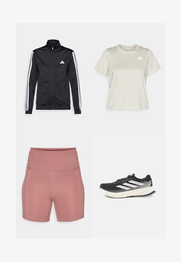 Jachetă sport neagră cu guler înalt, fermoar frontal și dungi albe pe umeri. Prezintă un logo alb brodat pe piept.; adidas Performance TRAIN ESSENTIALS 3STRIPES WORKOUT - Bluză sport - alumina/white; Under Armour MIDDIE SHORT - Leggings - maroon mist/dark maroon; Pantofel sport negru cu plasă pe partea superioară, accente albe și o talpă intermediară albă groasă. Dispune de șireturi și un design de profil redus.