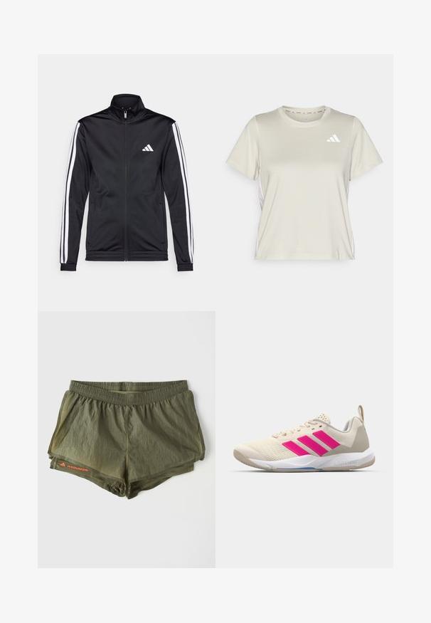 Zwarte sportjack met een hoge kraag, voorrits en witte accentstrepen langs de armen. Bevat een geborduurd wit logo op de borst.; adidas Performance TRAIN ESSENTIALS 3STRIPES WORKOUT - Sport T-shirt - alumina/white; Olivengroene sportshorts met een elastische tailleband, binnenvoering, geperforeerde zijpanelen en een rode logoaccent.; Beige sportshoe met een roze drie-strepen logo, een textuur-mesh bovenkant, een gevoerde kraag en een witte rubberen zool, met "LIGHTSTRIKE" branding.