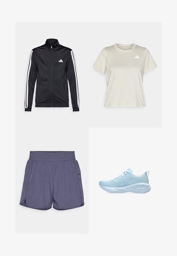 Melnā sporta jaka ar augstu apkakli, priekšējo rāvējslēdzēju un baltām akcenta svītrām gar rokām. Tās priekšpusē ir izšūts balts logo uz krūšu daļas.; adidas Performance TRAIN ESSENTIALS 3STRIPES WORKOUT - Sporta krekli - alumina/white; Mūsdienīgi sporta šorti bļodā purpura krāsā ar elastīgu jostu, sānu kabatām un mīkstu, faktūrētu audumu.; Gaiši zili sporta apavi ar sieta augšdaļu, plakanām auklām un biezu, teksturētu zoli ar ģeometriskiem akcentiem stabilitātei.