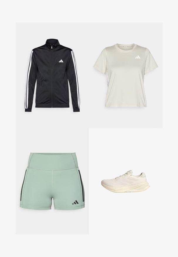 Chaqueta deportiva negra con cuello alto, cremallera frontal y franjas de acento blancas a lo largo de las mangas. Presenta un logo blanco bordado en el pecho.; adidas Performance TRAIN ESSENTIALS 3STRIPES WORKOUT - Camiseta deportiva - alumina/white; Pantalones cortos atléticos cortos en tela verde menta clara, con franjas laterales negras y logo, con costuras planas para mayor comodidad.; Zapato deportivo beige claro con parte superior de malla, cordones planos y suela acolchada. Presenta un diseño de tres franjas en el lado lateral.
