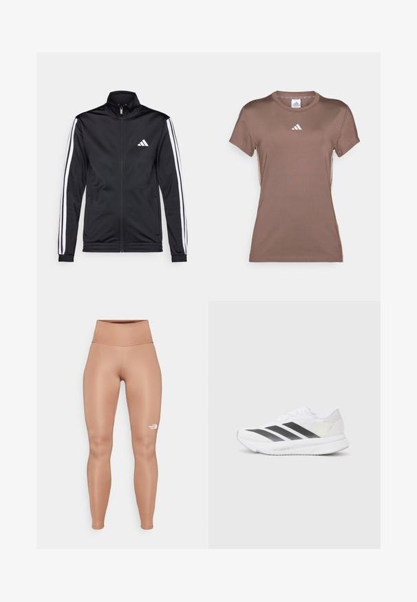 Black athletic jacket with a high collar, front zipper, and white accent stripes along the arms. Features an embroidered white logo on the chest.; adidas Performance Sports T-shirt - earth strata/white; High-waisted, form-fitting leggings in a light brown color. Made from smooth, stretchy material with a white logo on the left thigh.; White athletic shoe with black diagonal stripes, mesh upper, rounded toe, and textured sole. Accents include a silver heel and minimalistic design.