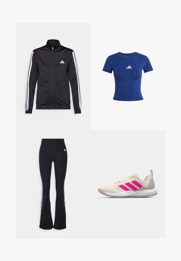 Black athletic jacket with a high collar, front zipper, and white accent stripes along the arms. Features an embroidered white logo on the chest.; Blue cotton t-shirt with short sleeves, featuring a white Adidas logo on the chest and contrasting white side panels.; adidas Performance FLARED - Tracksuit bottoms - black; Beige athletic shoe with pink three-stripe logo, textured mesh upper, padded collar, and white rubber sole, featuring "LIGHTSTRIKE" branding.