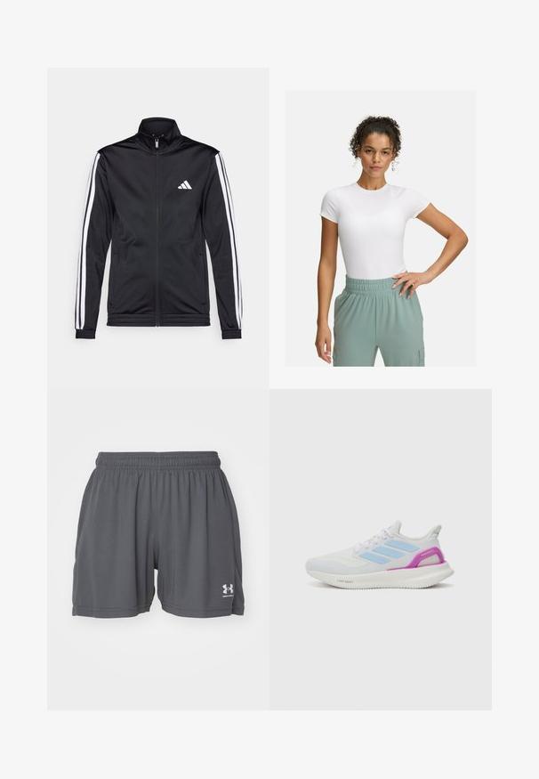 Mustmust mustrendiga jakki, millel on kõrge krae, eesnepp ja valged aktsenttriibud käte ääres. Selles on tikandina valge logo rinnal.; Valge lühikeste varrukatega T-särk, millel on sobiv lõige, kombineeritud helesiniste elastsete vöökohtpükstega. Sile tekstuur, minimalistlik disain ja nähtavaid mustreid pole.; Hallid hallid sportlikud lühikesed püksid, mis on valmistatud kergest kangast, elastse vöökohtadega ja valge logoga vasakul all sääreribal. Sile tekstuur.; adidas Performance PUREBOOST 5 - Maanteejooksu jalatsid - white/glow blue/purple burst