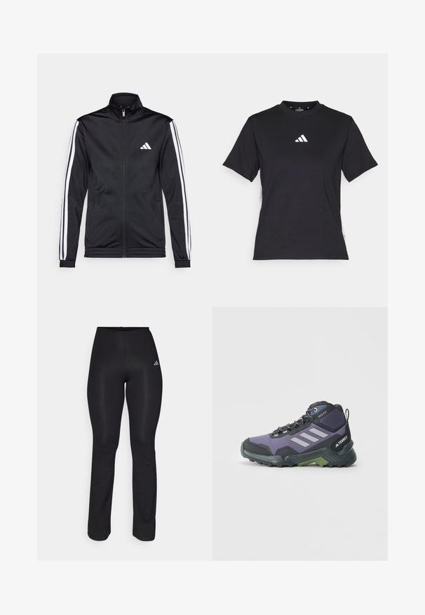 Fekete sportdzseki magas gallérral, elülső cipzárral és fehér díszcsíkokkal a karokon. Hímzett fehér logó található a mellkason.; Fekete, rövid ujjú póló puha anyagból. Fehér Adidas logóval és kontrasztos fehér csíkokkal az oldalin.; Fekete sportos nadrág, testhezálló kialakítással, rugalmas derékpánttal és diszkrét fénylő hatással. A bal csípőnél egy kis fehér logó található.; Lila és fekete túracipő, texturált felsőrésszel, szürke részletekkel és zöld talppal, fűzős záródással és strapabíró mintázattal a talpán.
