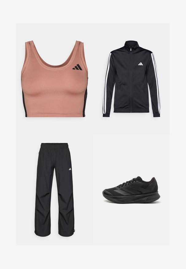 Black athletic jacket with a high collar, front zipper, and white accent stripes along the arms. Features an embroidered white logo on the chest.; Sports bra in soft, rose pink fabric with a scoop neckline, black side stripes, and subtle logo accents. Tailored fit with smooth texture.; Black, lightweight, waterproof pants with an elastic waistband, side pockets, and adjustable cuffs. Features a white logo on the left thigh.; Black running shoe with a breathable mesh upper, rounded toe, sleek design, textured accents, and a cushioned sole for comfort.