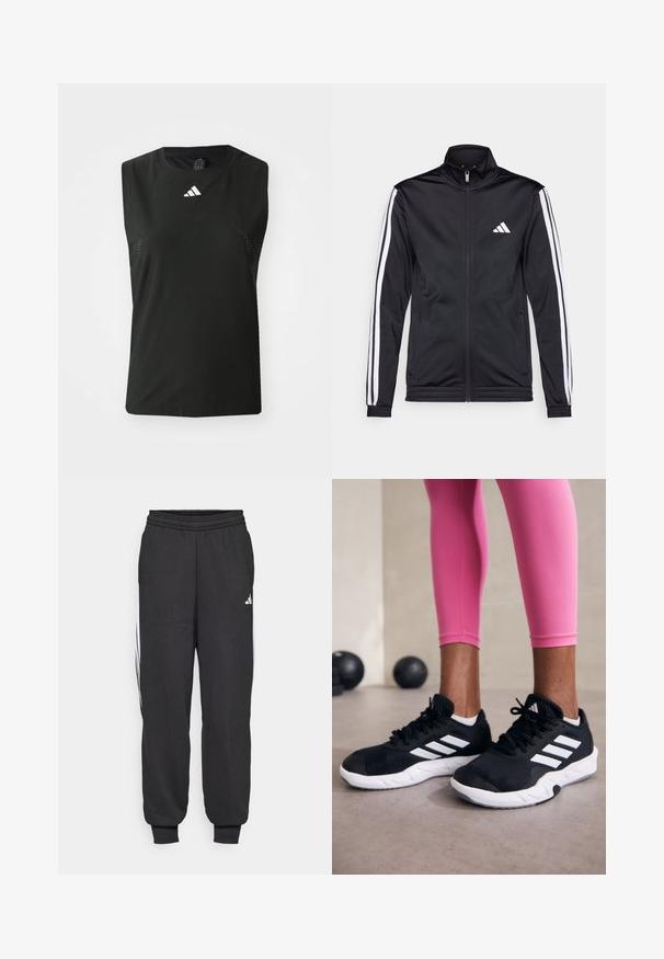 Zwarte sportjack met een hoge kraag, voorrits en witte accentstrepen langs de armen. Bevat een geborduurd wit logo op de borst.; Zwart mouwloos sporttop van ademend materiaal met meshdetails en een wit Adidas-logo op de borst.; Zwarte sportbroeken met een elastische tailleband, taps toelopende enkels en witte zijkanten. Gemaakt van zachte stof met een gladde textuur.; Zwarte sportschoenen met witte strepen, structuur-mesh bovenwerk en een witte zool. Draagt bij roze leggings, die trainin gskleding laten zien.