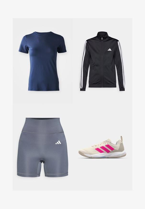 Juoda sportinė striukė su aukštu apykakle, priekiniais užtrauktukais ir baltais akcentiniais dryžiais ant rankovių. Ant krūtinės yra išsiuvinėta balta logo.; Tamsiai mėlynos spalvos trumpomis rankovėmis marškinėliai, pagaminti iš minkštos medžiagos, su apvalia iškirpte ir mažu logotipu viršutiniame kairiajame krūtinės kampelyje.; Pilkos sportinės šortai su aukštu liemeniu, pagaminti iš lygaus audinio. Yra dvigubas siuvimas ir baltas „Adidas“ logotipas kairėje pusėje.; Bežiniai sportiniai bateliai su rožinėmis trimis juostomis, tekstūruota tinklelio viršutinė dalis, paminkštinta apykaklė ir balta guma neslystančia padu, turintys "LIGHTSTRIKE" prekės ženklą.