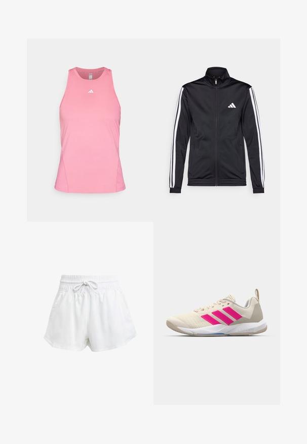 Black athletic jacket with a high collar, front zipper, and white accent stripes along the arms. Features an embroidered white logo on the chest.; Pink athletic tank top made of breathable fabric. Features a round neckline and sleeveless design, with a small white logo on the chest.; White athletic shorts with an elastic waistband and adjustable drawstring. Made from lightweight material, featuring side pockets and a loose fit.; Beige athletic shoe with pink three-stripe logo, textured mesh upper, padded collar, and white rubber sole, featuring "LIGHTSTRIKE" branding.