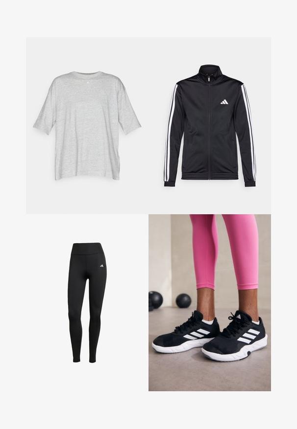 Zwarte sportjack met een hoge kraag, voorrits en witte accentstrepen langs de armen. Bevat een geborduurd wit logo op de borst.; Champion ICONS OVERSIZE CREWNECK - T-shirt print - grey; Zwarte sportleggings met een hoge tailleband. Gemaakt van rekbare stof met een wit logo detail aan de bovenste linkerkant.; Zwarte sportschoenen met witte strepen, structuur-mesh bovenwerk en een witte zool. Draagt bij roze leggings, die trainin gskleding laten zien.