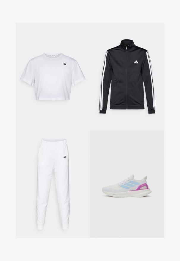 Črna športna jakna z visokim ovratnikom, sprednjim zadrgo in belimi stranskimi črtami po rokavih. Ima vezen beli logotip na prsih.; Bela skrajšana majica iz mehkega blaga, z kratkimi rokavi in okroglim izrezom. Črn logotip na levem prsou.; Bele športne hlače z elastičnim pasom in manšetami. Imajo stranske žepe in majhen črn logotip na levi stegn. Gladek zaključek tkanine.; adidas Performance PUREBOOST 5 - Tekaški copati za cesto - white/glow blue/purple burst