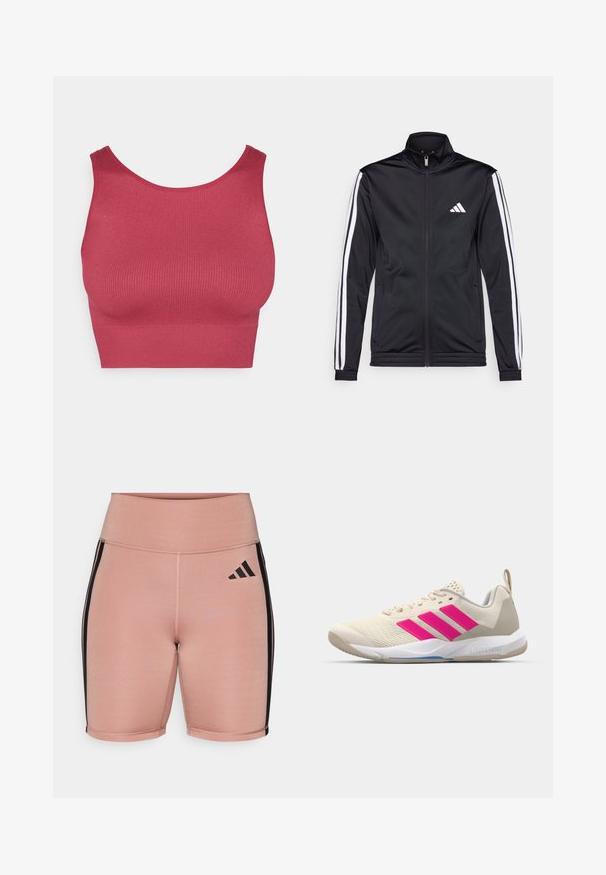 Fekete sportdzseki magas gallérral, elülső cipzárral és fehér díszcsíkokkal a karokon. Hímzett fehér logó található a mellkason.; Csíkos, ujjatlan crop top mély rózsaszín színben. Rugalmas anyagból készült, kerek nyakkivágással és testhez simuló fazonnal.; Rózsaszín sportnadrág magas derékkal, rugalmas anyagból. Fekete oldalsávokkal és az Adidas logóval a bal oldalon.; Beige sportcipő rózsaszín háromsávos logóval, texturált hálós felső résszel, párnázott nyakkal és fehér gumitalppal, "LIGHTSTRIKE" márkajelzéssel.